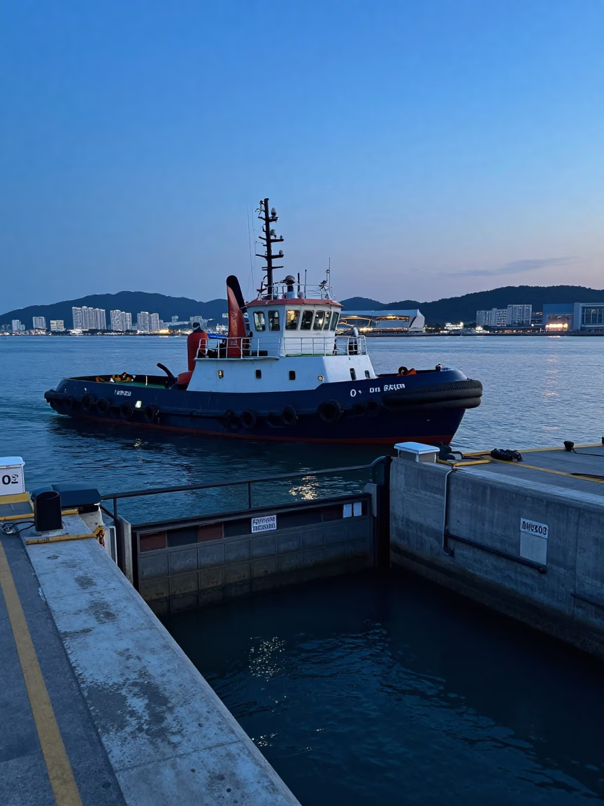 Pre-dawn Busan Harbor Tugboat and Concrete Floodgate in South Korea in in Busan, South Korea