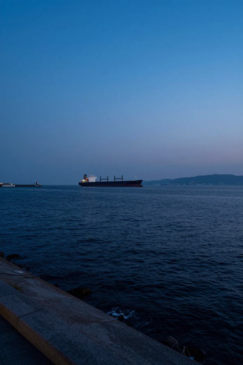 Pre-dawn Busan Harbor View with Cargo Ship Horizon and Bridge Maintenance Cradle in in Busan, South Korea