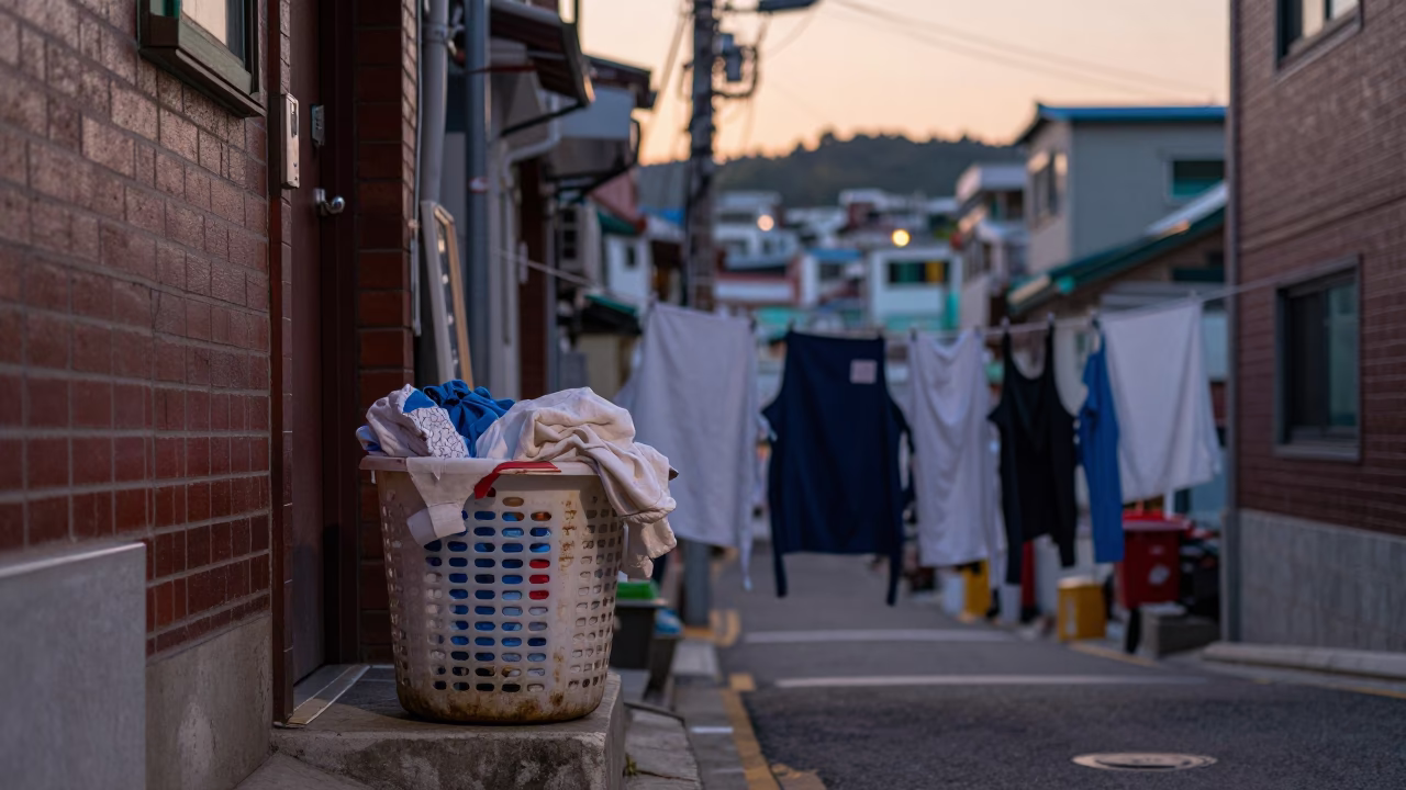 Pre-Dawn Busan Street Scene with Laundry Basket and Aprons in in Busan, South Korea