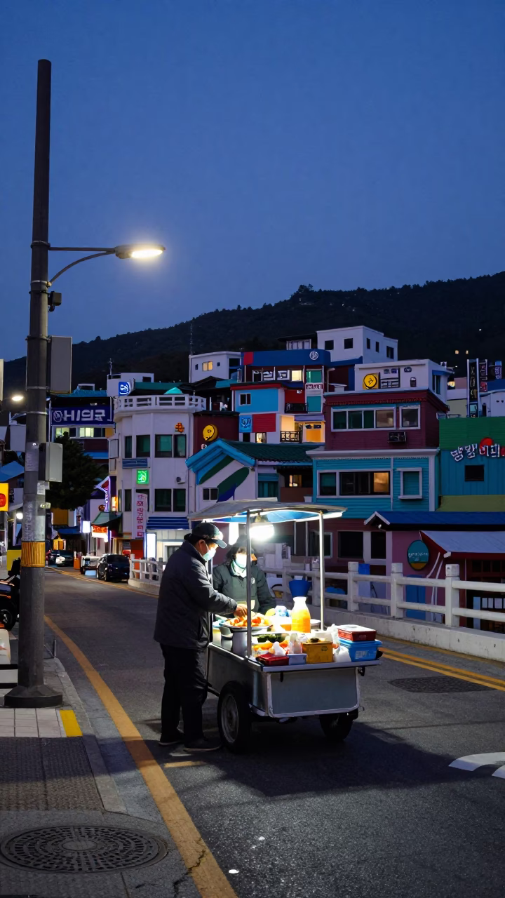 Pre-dawn Busan street scene with vendor cart and colorful morning light in in Busan, South Korea