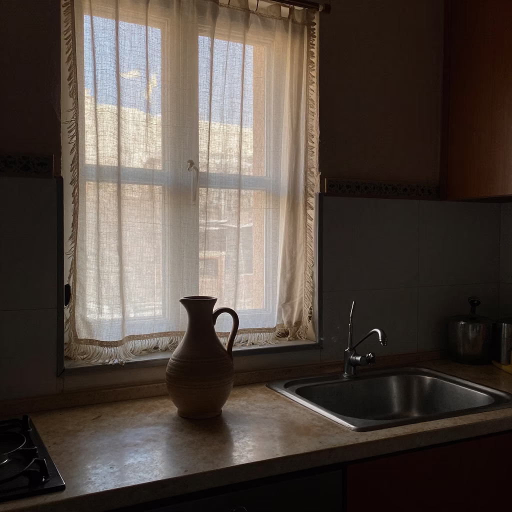 Pre-Dawn Cairo Kitchen Interior with Linen Fringe and Ceramic Carafe in in Cairo, Egypt