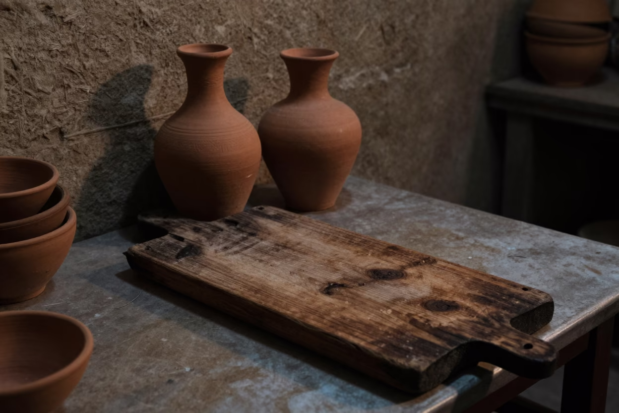 Pre-Dawn Cairo Kitchen Scene with Clay Pots and Wooden Surfaces in in Cairo, Egypt
