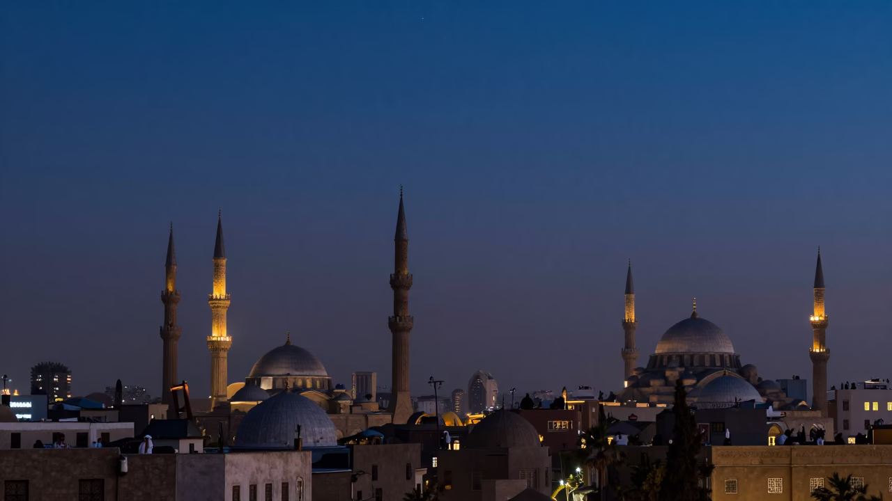 Pre-Dawn Cairo Skyline with Minarets and Early Morning Activity in in Cairo, Egypt