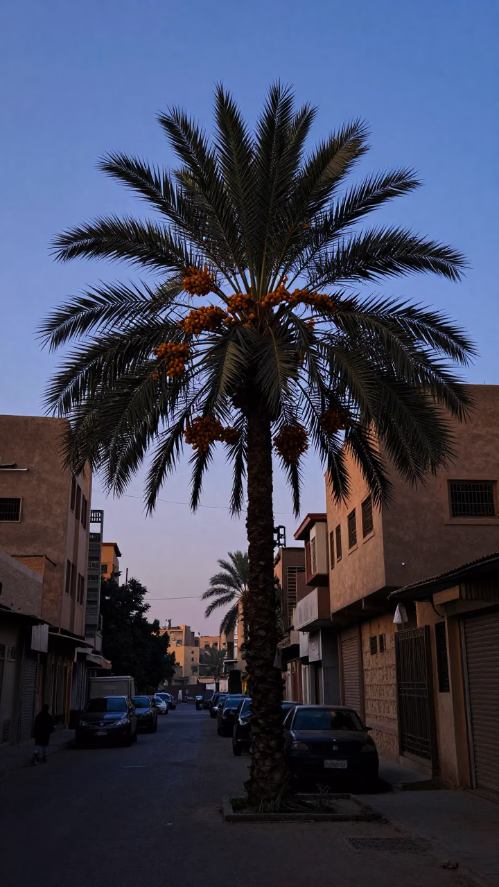 Pre-Dawn Cairo Street Scene with Date Palm and Local Market Activity in in Cairo, Egypt