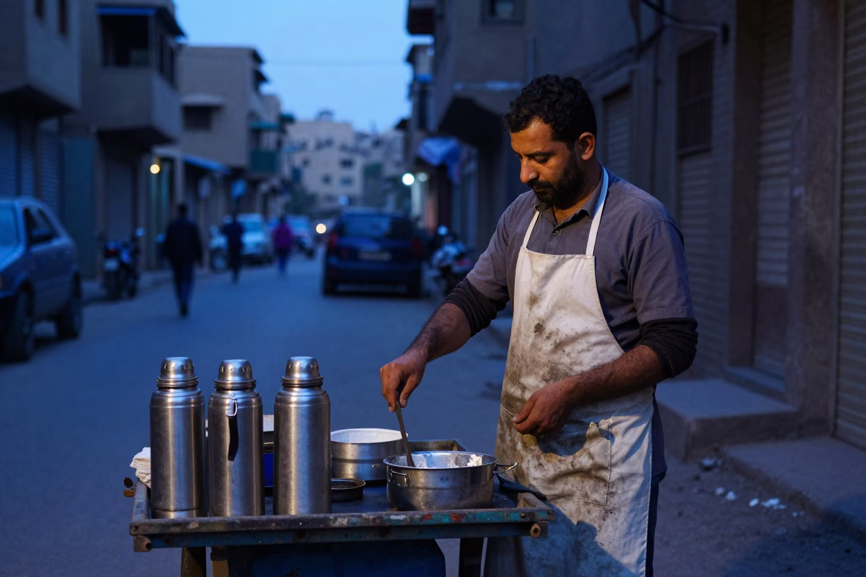Pre-dawn Cairo street scene with vendor thermos and apron in in Cairo, Egypt