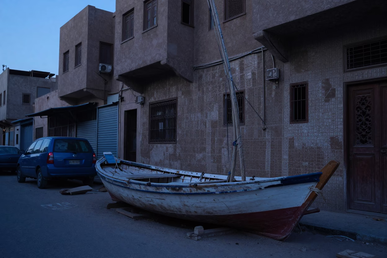Pre-dawn Cairo Street Scene with Wooden Sailboat and Lived-in Details in in Cairo, Egypt