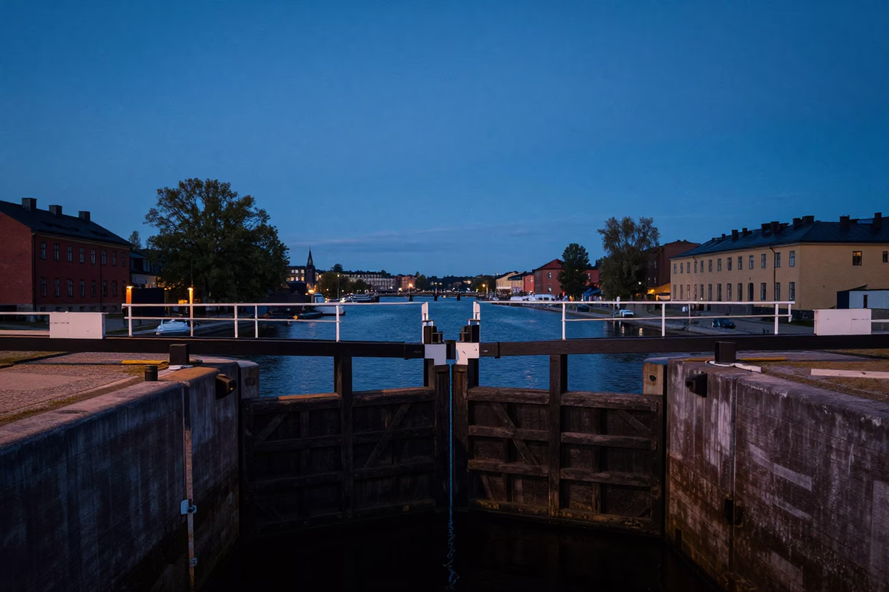 Pre-dawn Canal Lock Wooden Gates and Quiet Water in Stockholm Sweden in in Stockholm, Sweden