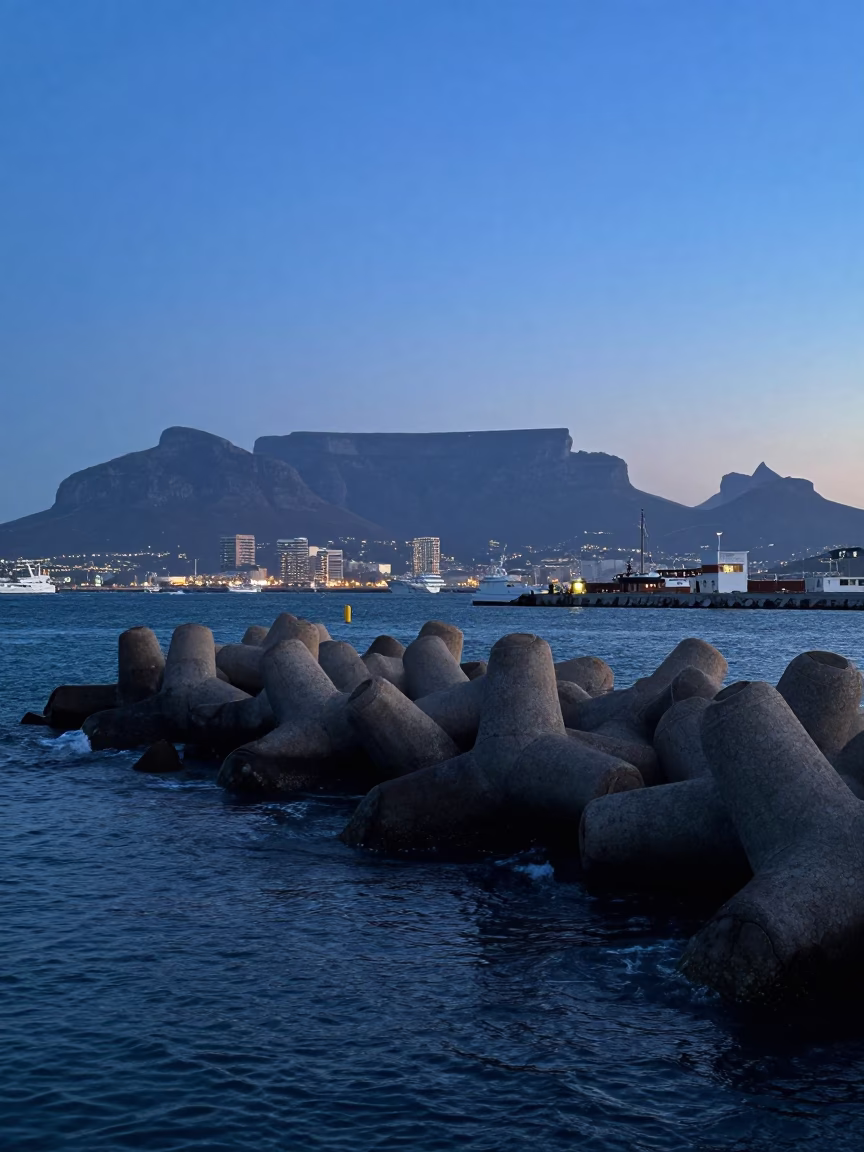 Pre-dawn Cape Town harbor scene with breakwater tetrapods and winter surf spray in in Cape Town, South Africa