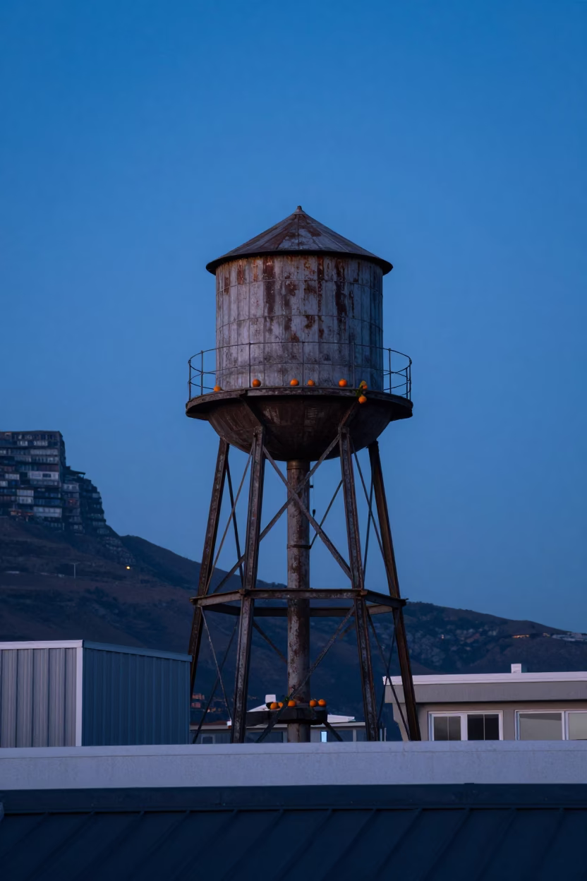 Pre-dawn Cape Town Rooftop Water Tower and Oranges in in Cape Town, South Africa