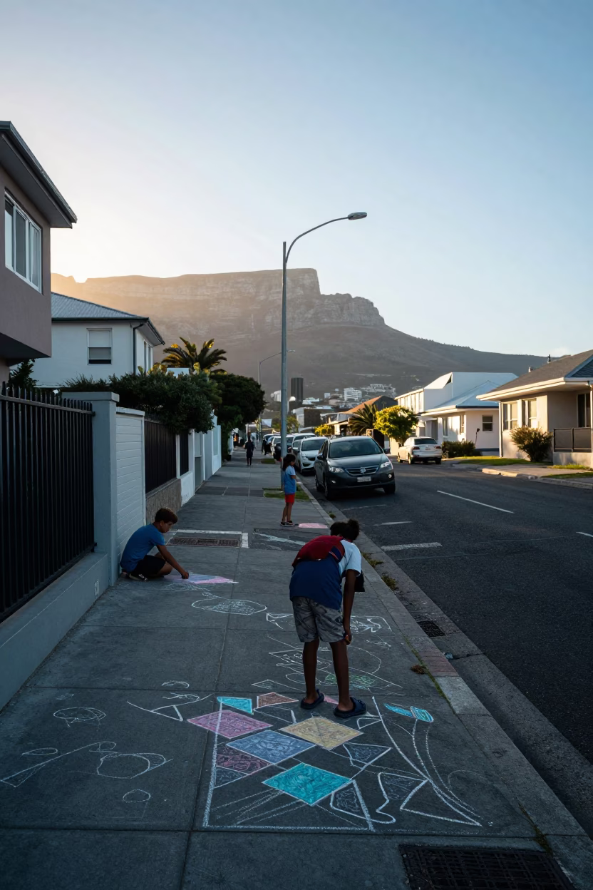 Pre-dawn Cape Town Street Scene with Chalk Drawings and Morning Light in in Cape Town, South Africa
