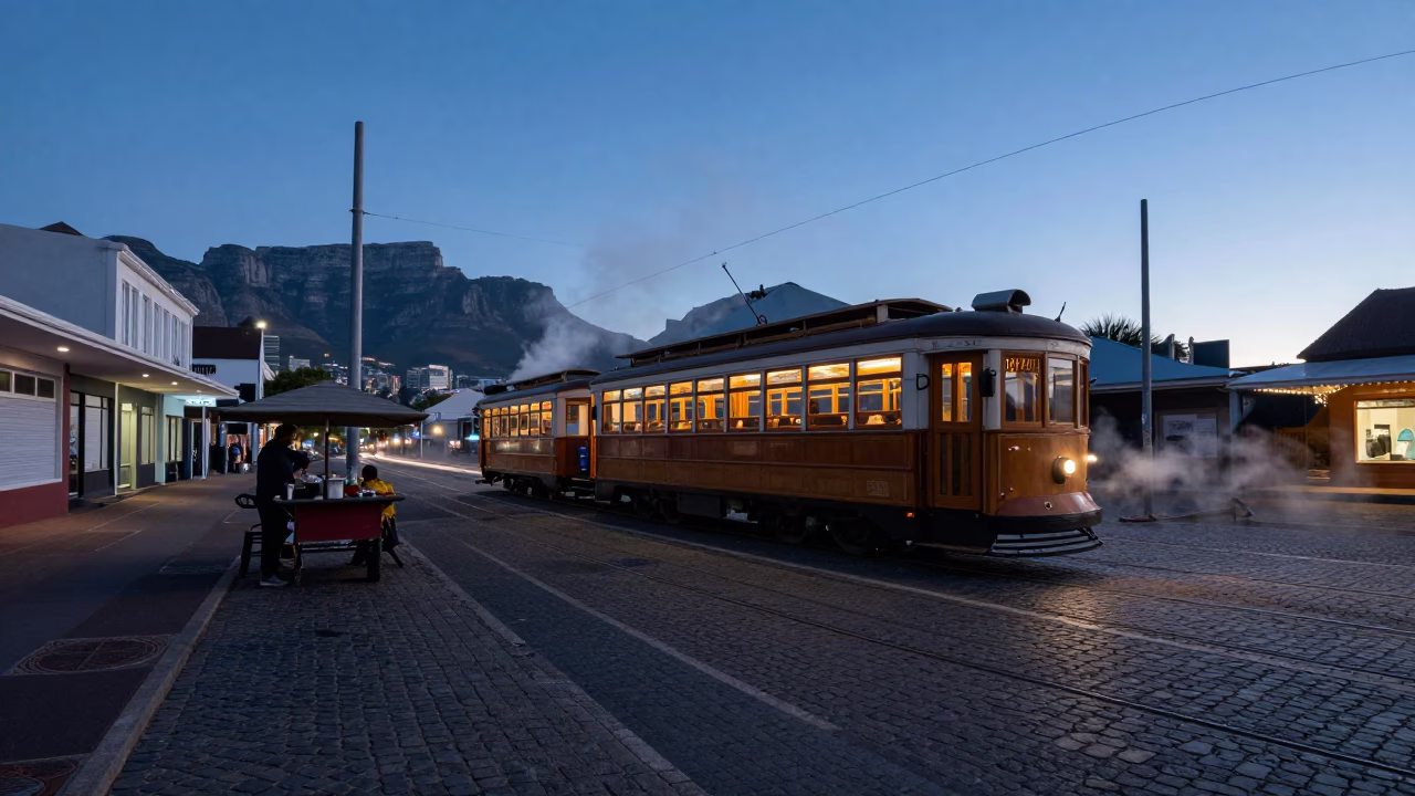 Pre-dawn Cape Town street scene with heritage tram and cobblestone avenue in in Cape Town, South Africa