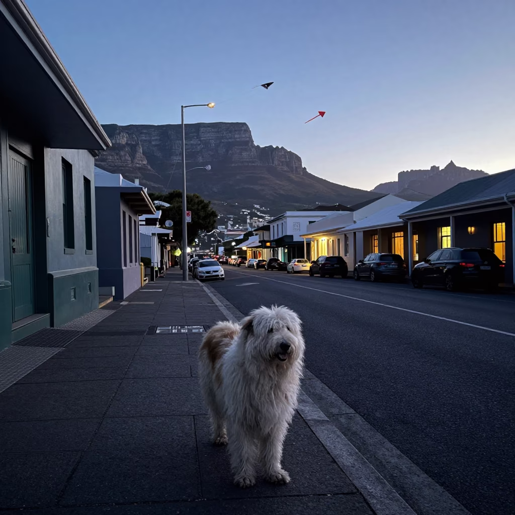 Pre-Dawn Cape Town Street Scene with Kites and Portuguese Sheepdog in in Cape Town, South Africa