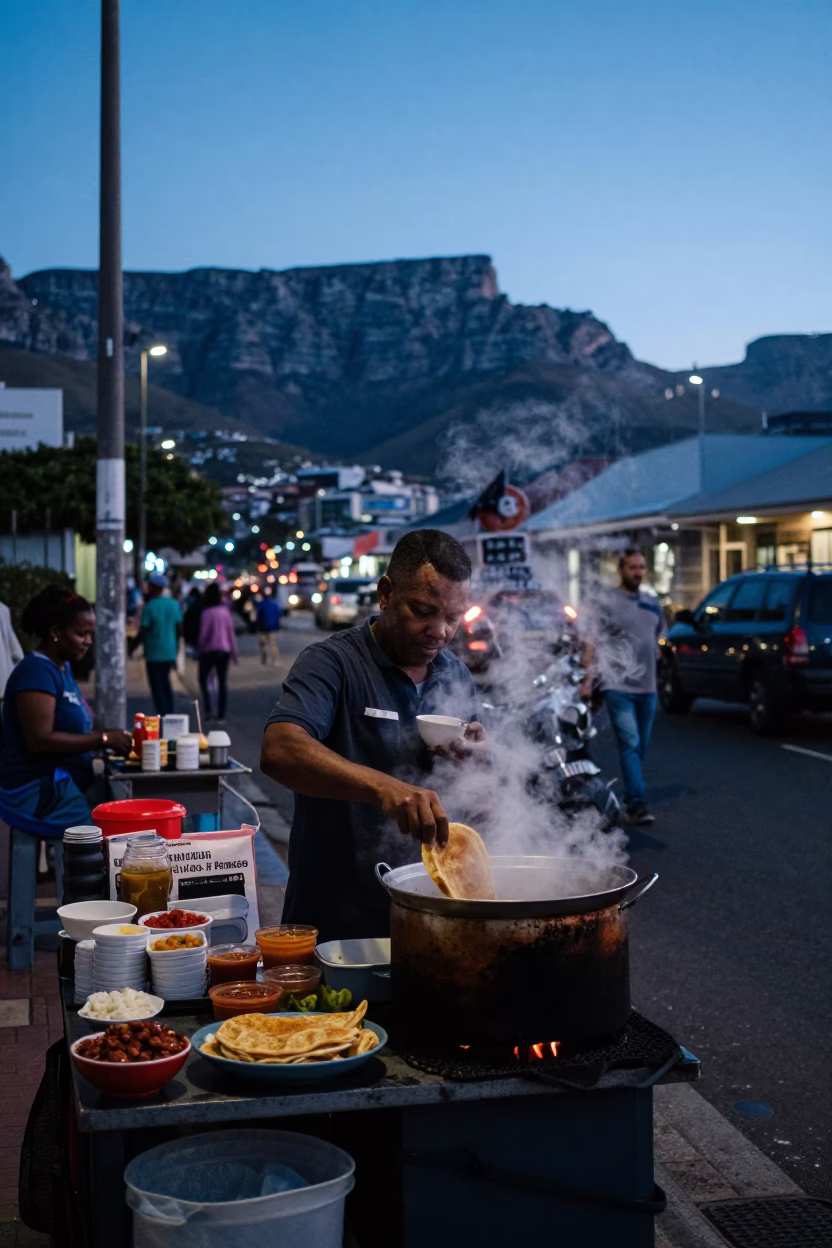 Pre-dawn Cape Town street scene with local breakfast vendor and coastal cityscape in in Cape Town, South Africa