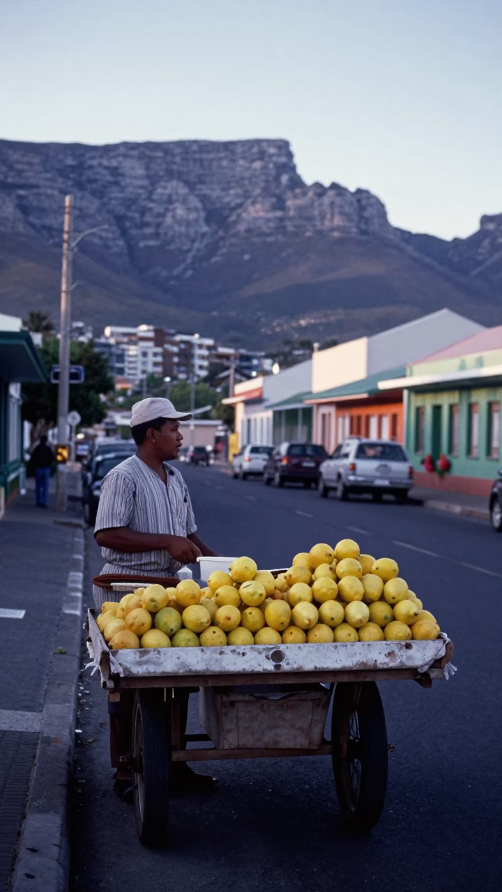 Pre-dawn Cape Town street scene with vendor selling lemons and herbs in in Cape Town, South Africa