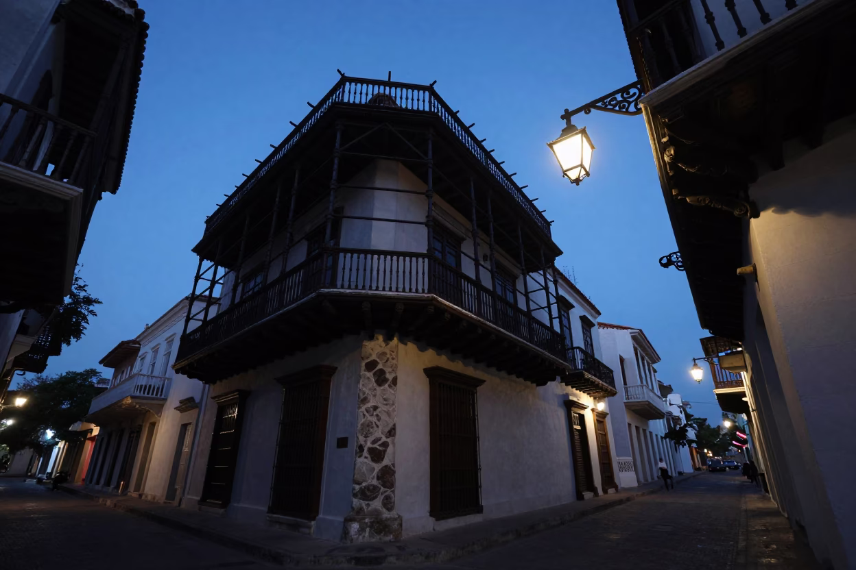 Pre-dawn Cartagena Colombia street scene with lantern and geometric scaffold against white sky in in Cartagena, Colombia