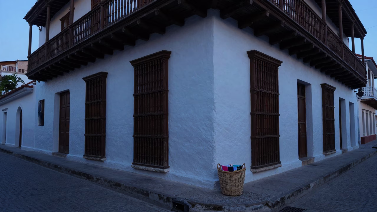 Pre-dawn Cartagena Colombia street scene with laundry basket and colonial architecture in in Cartagena, Colombia