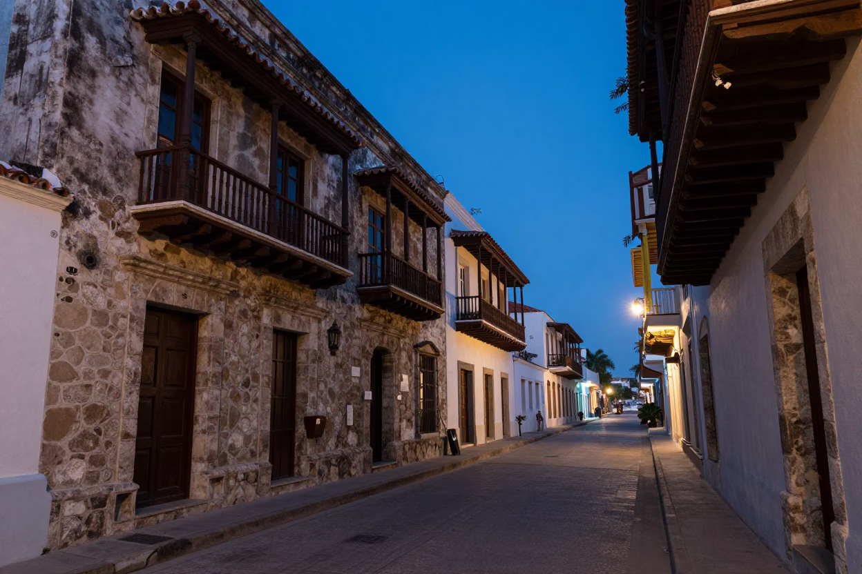 Pre-dawn Cartagena Colombia Street Scene with Stone Architecture and Morning Light in in Cartagena, Colombia