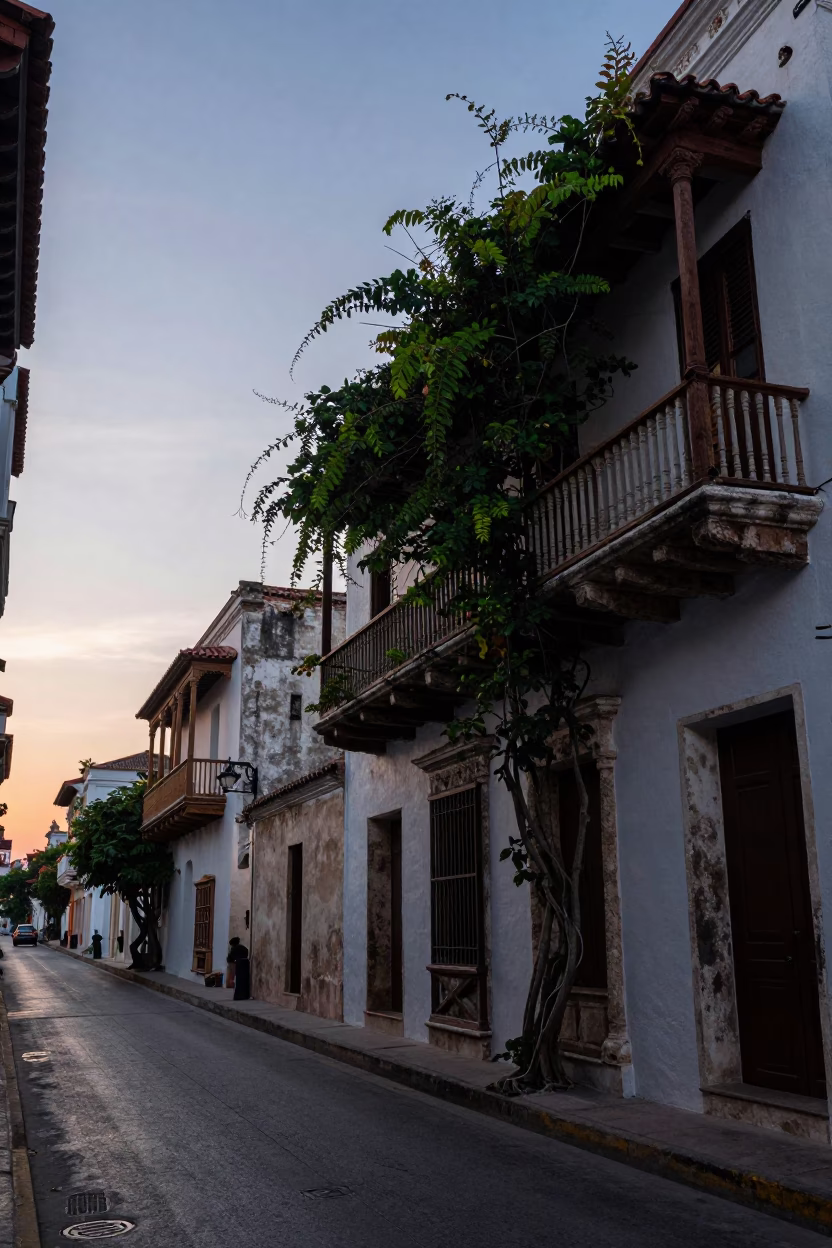 Pre-dawn Cartagena Colombia street scene with vine-covered colonial balconies and wet cobblestones in in Cartagena, Colombia