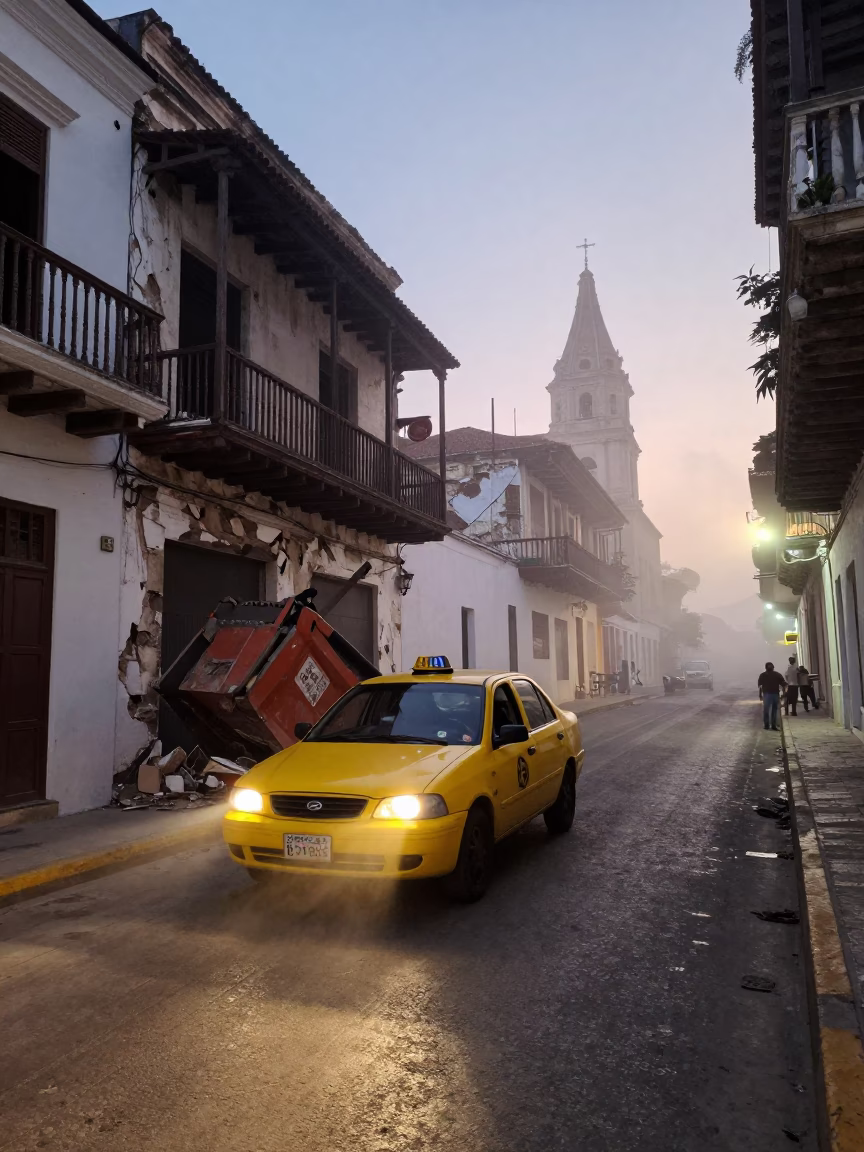 Pre-dawn Cartagena Colombia street scene with yellow taxi and demolition dumpster in in Cartagena, Colombia