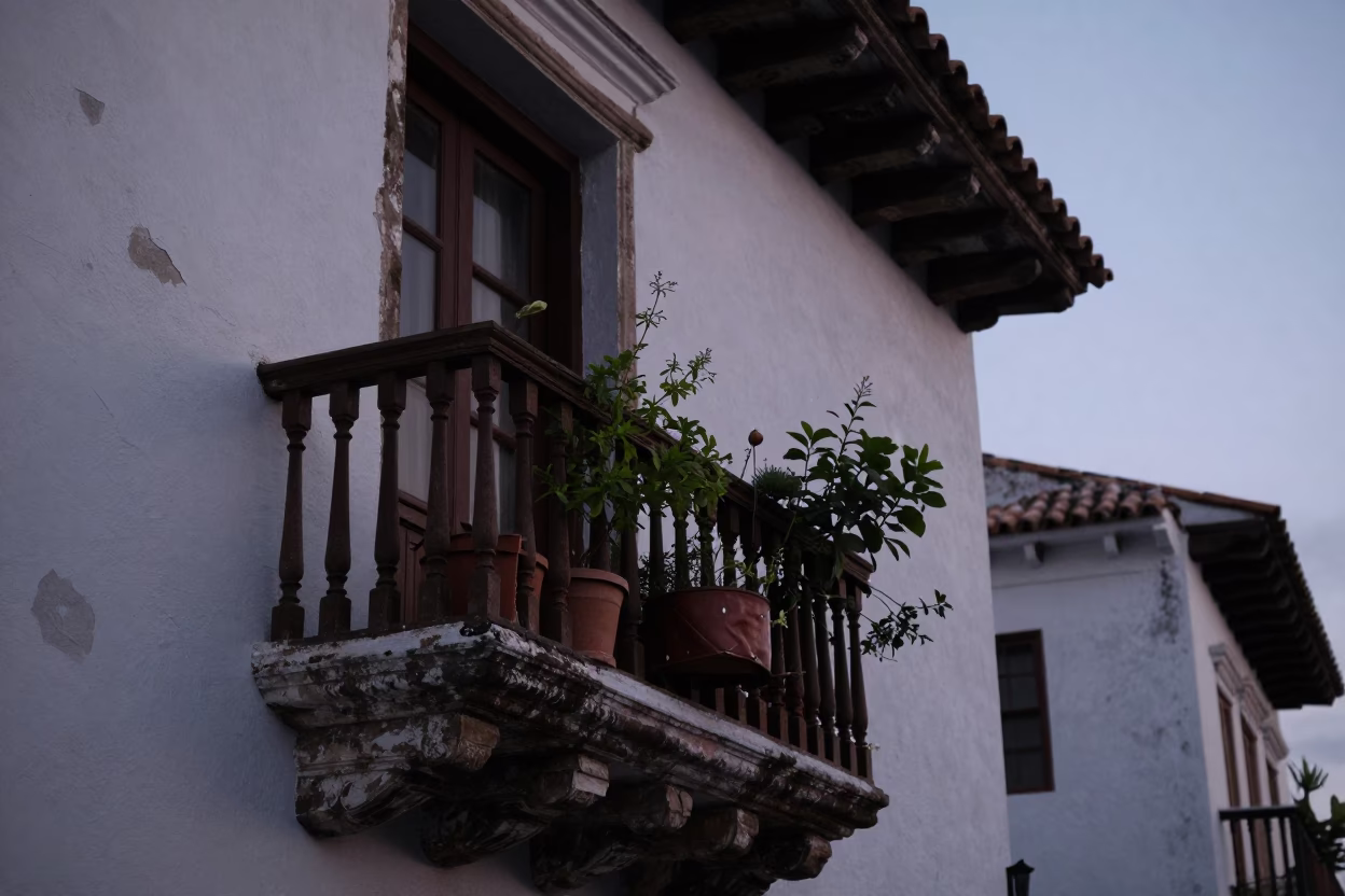 Pre-dawn Cartagena colonial balcony with potted herbs and leather strap details in in Cartagena, Colombia