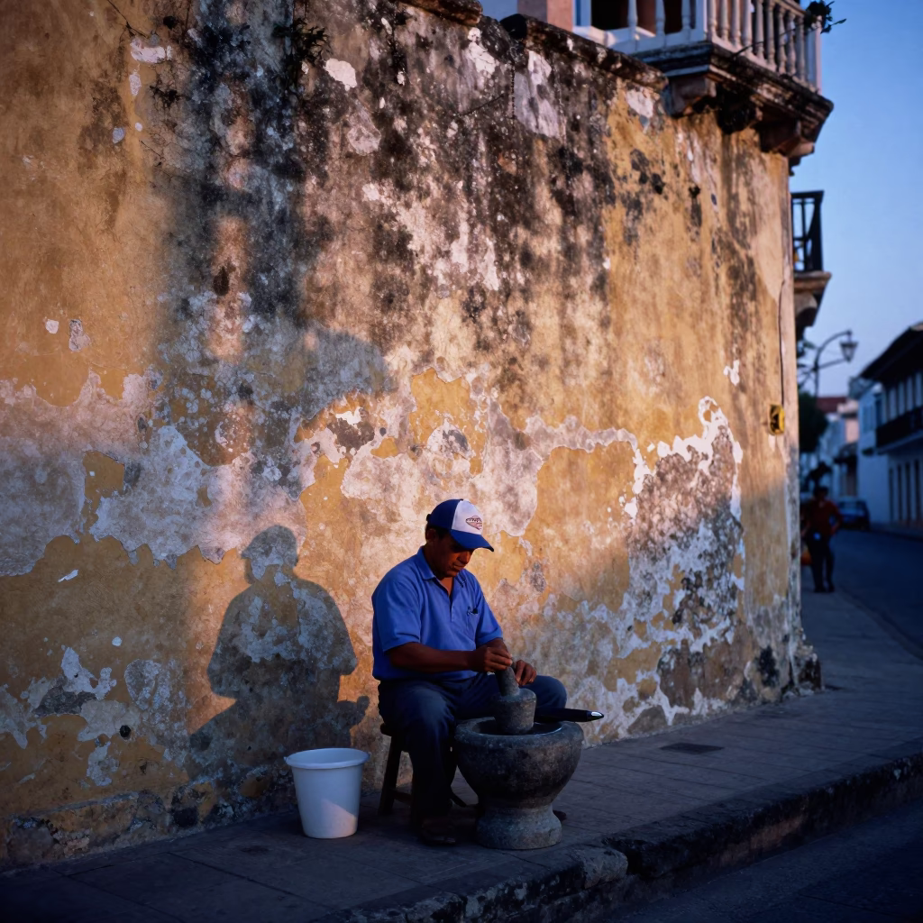 Pre-Dawn Cartagena Street Vendor with Mortar and Pestle and Cash Box in in Cartagena, Colombia