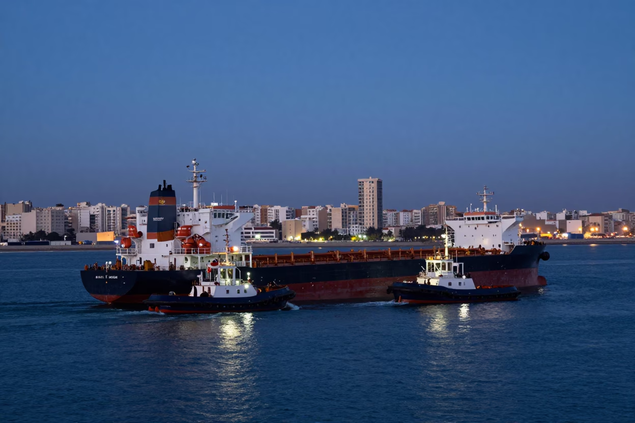 Pre-dawn Casablanca Port Tugboats Guiding Tanker with City Skyline in Shadow in in Casablanca, Morocco