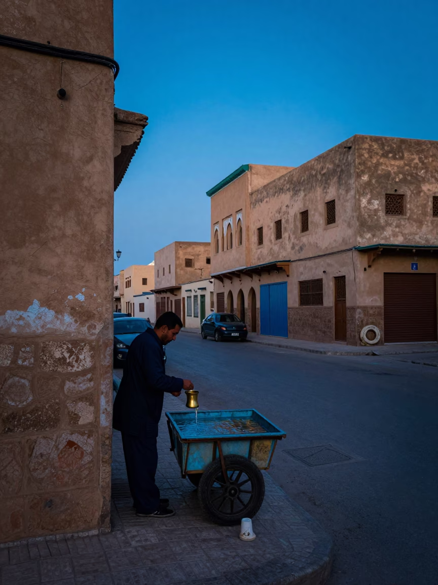Pre-Dawn Casablanca Street Scene with Brass Cup and Wash Basin in in Casablanca, Morocco
