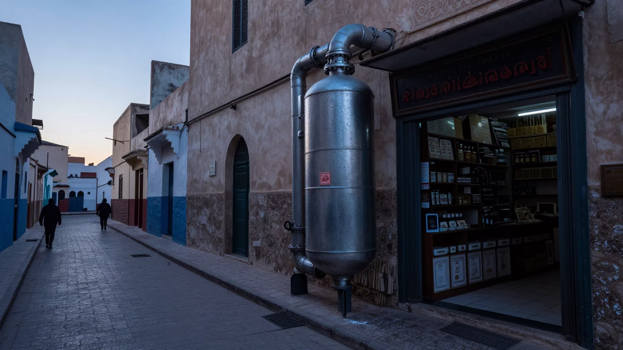 Pre-dawn Casablanca street scene with condensation on metal pipes and local morning routine in in Casablanca, Morocco