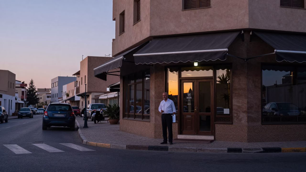 Pre-dawn Casablanca Street Scene with Hotel Valet Stand and Headlight Reflections in in Casablanca, Morocco