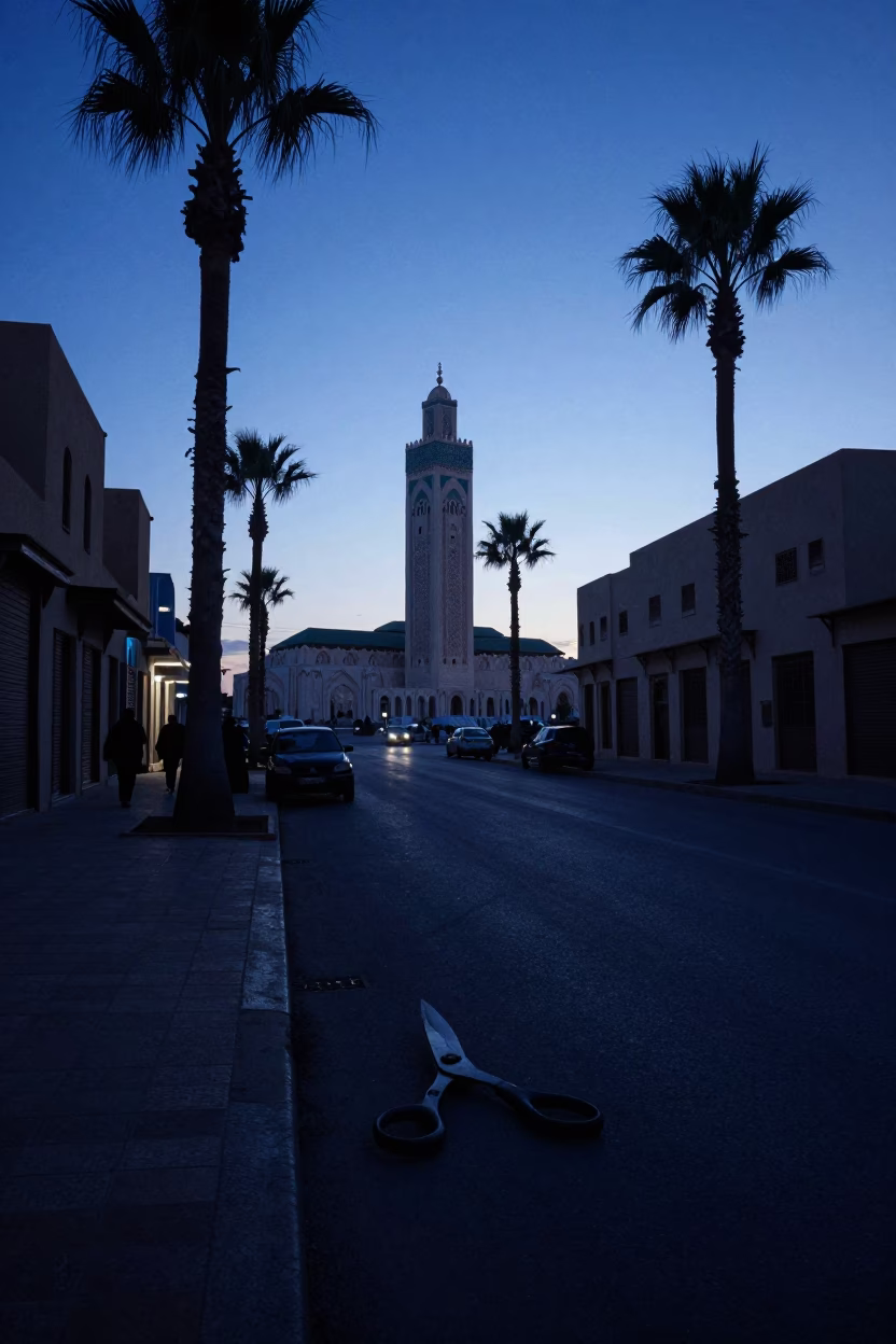 Pre-Dawn Casablanca Street Scene with Tailor Shears and Palmiers in in Casablanca, Morocco