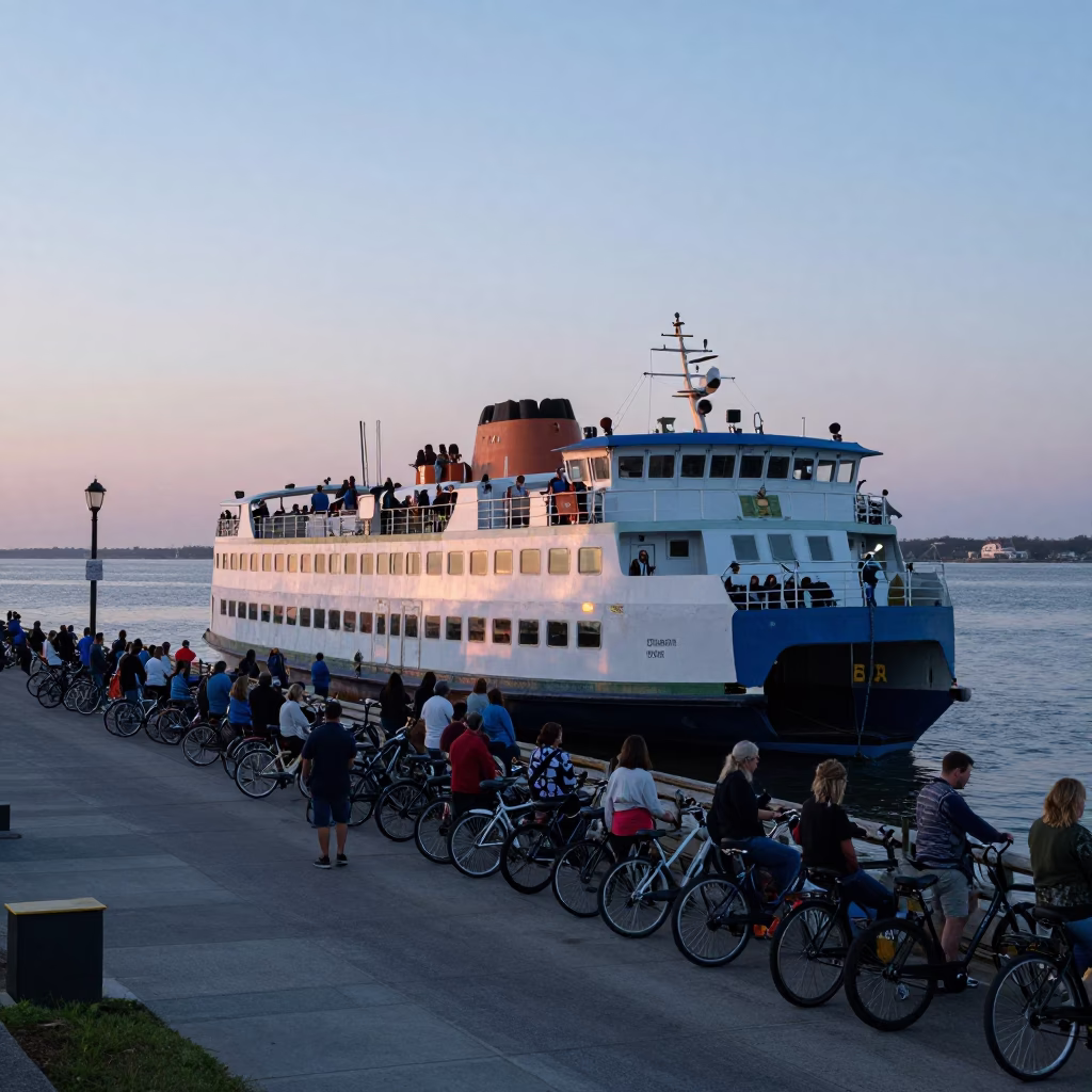 Pre-dawn Charleston Ferry Dock Loading Passengers and Bicycles in Cool Stillness in in Charleston, South Carolina, United States