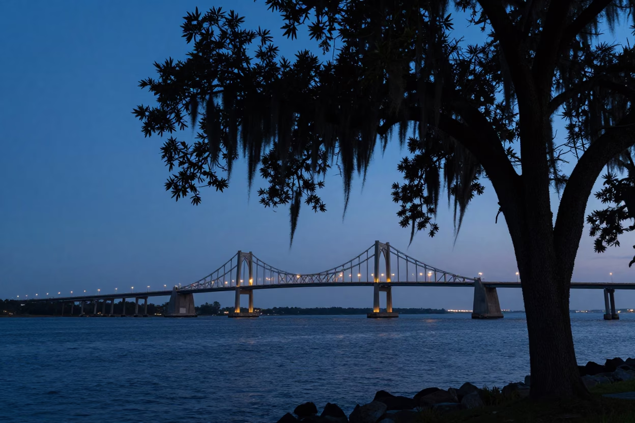 Pre-dawn Charleston Harbor Bridge and Tree Silhouettes in in Charleston, South Carolina, United States