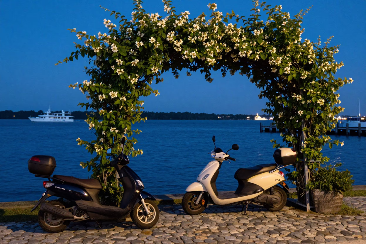 Pre-dawn Charleston Harbor Promenade with Scooter and Jasmine Trellis in in Charleston, South Carolina, United States