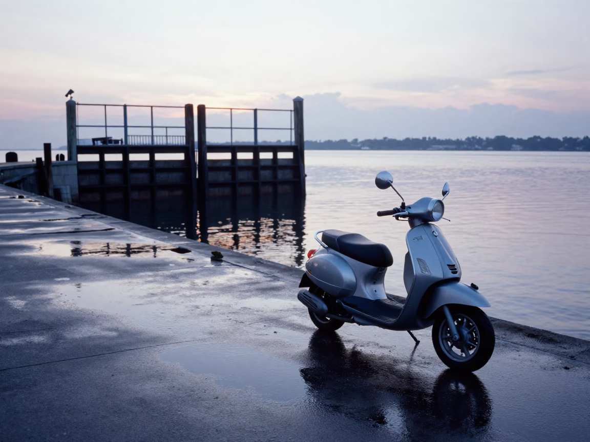 Pre-dawn Charleston Harbor Scene with Scooter and Levee Floodgate at Sunrise in in Charleston, South Carolina, United States