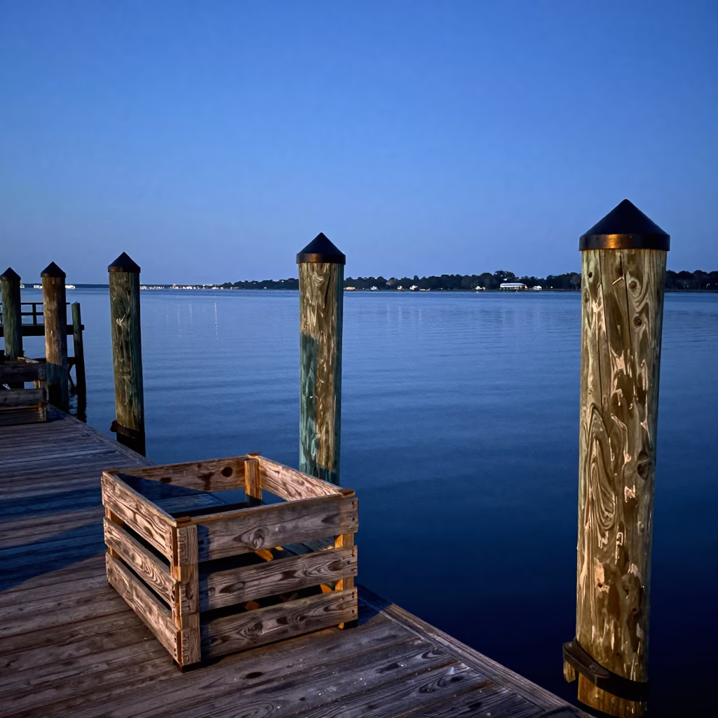 Pre-dawn Charleston harbor scene with weathered wooden pilings and calm water in in Charleston, South Carolina, United States