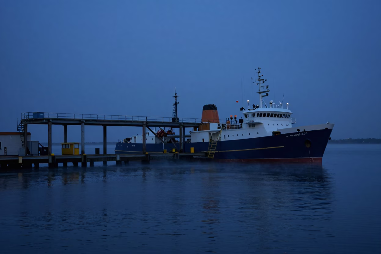 Pre-dawn Charleston Harbor with Research Vessel A-Frame and Condensation in in Charleston, South Carolina, United States
