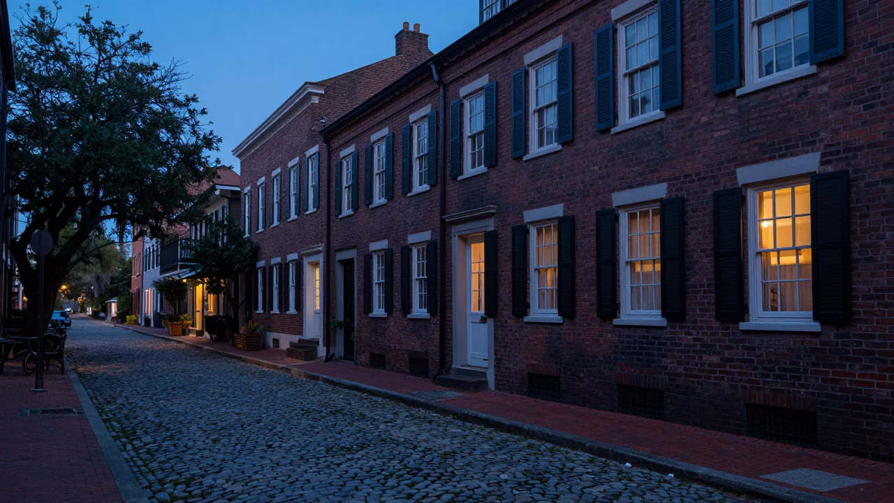 Pre-dawn Charleston South Carolina Historic District Cobblestone Street and Brick Architecture in in Charleston, South Carolina, United States
