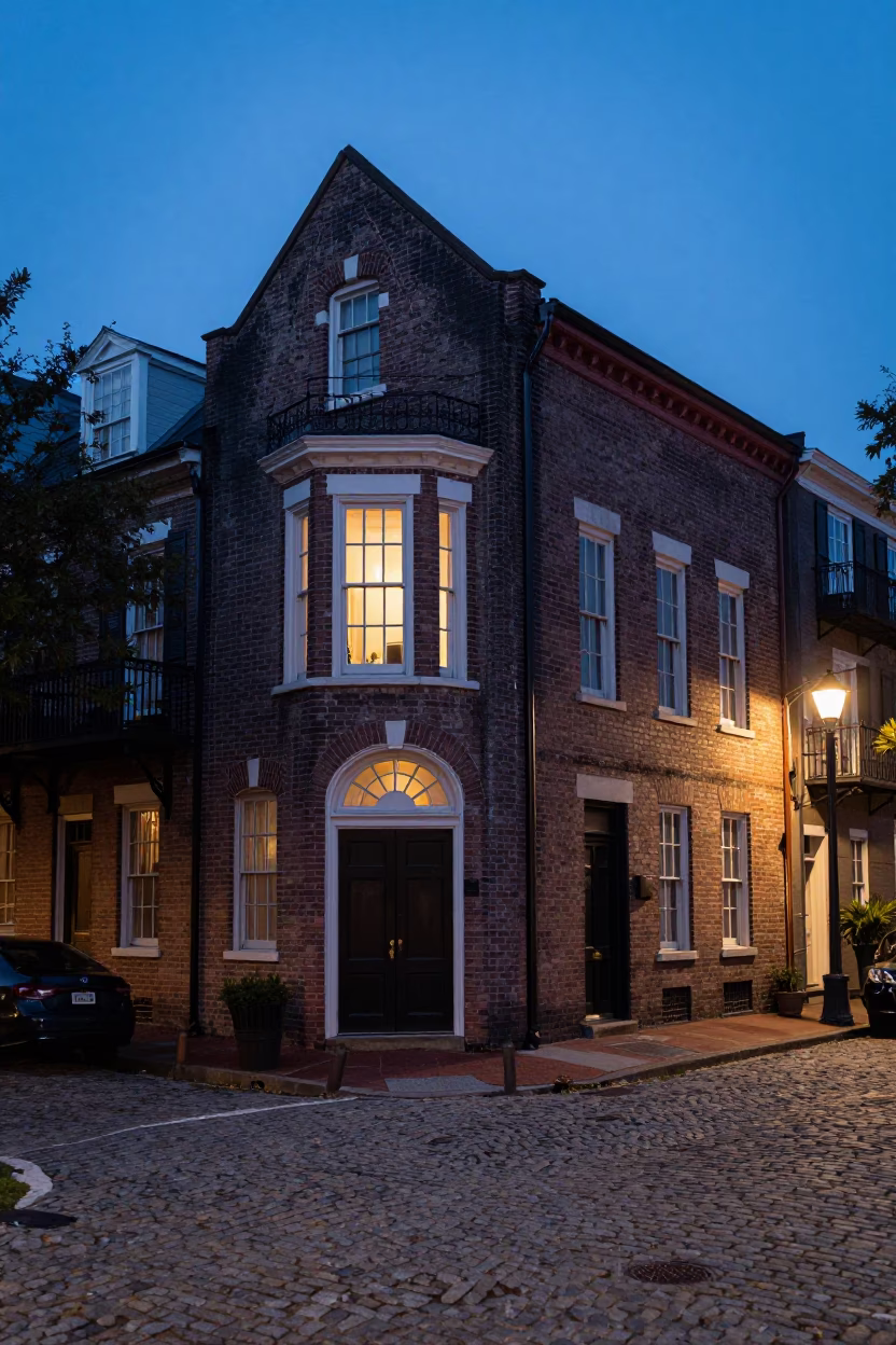 Pre-dawn Charleston street corner with vintage brick buildings and quiet early morning atmosphere in in Charleston, South Carolina, United States