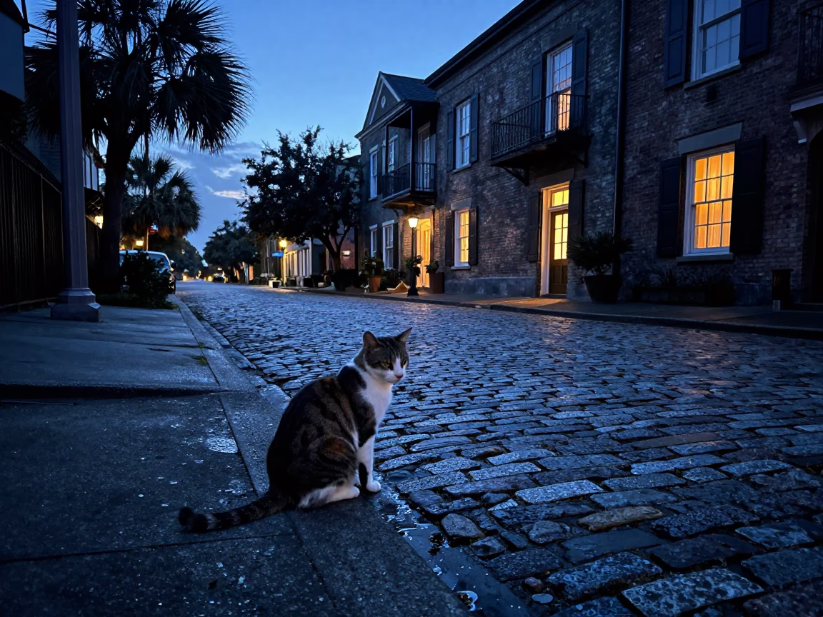 Pre-dawn Charleston Street Scene with American Curl Cat and Wooden Stool in in Charleston, South Carolina, United States