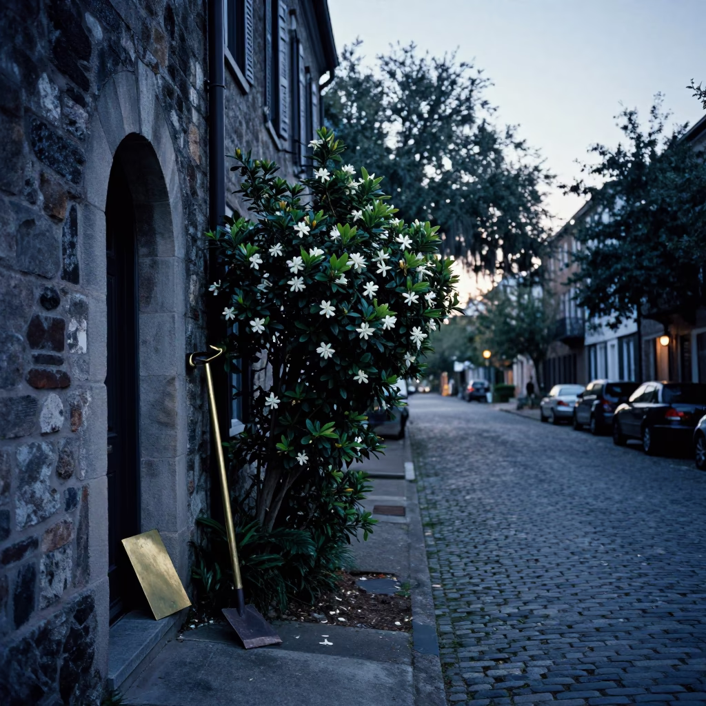 Pre-dawn Charleston Street Scene with Boot Scraper and Gardenia Bush in Historic District in in Charleston, South Carolina, United States