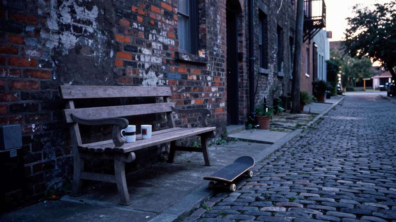 Pre-Dawn Charleston Street Scene with Coffee Mugs and Skateboard on Cobblestone in in Charleston, South Carolina, United States
