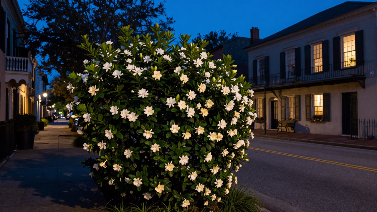 Pre-dawn Charleston Street Scene with Gardenia Bush and Vintage Car in in Charleston, South Carolina, United States