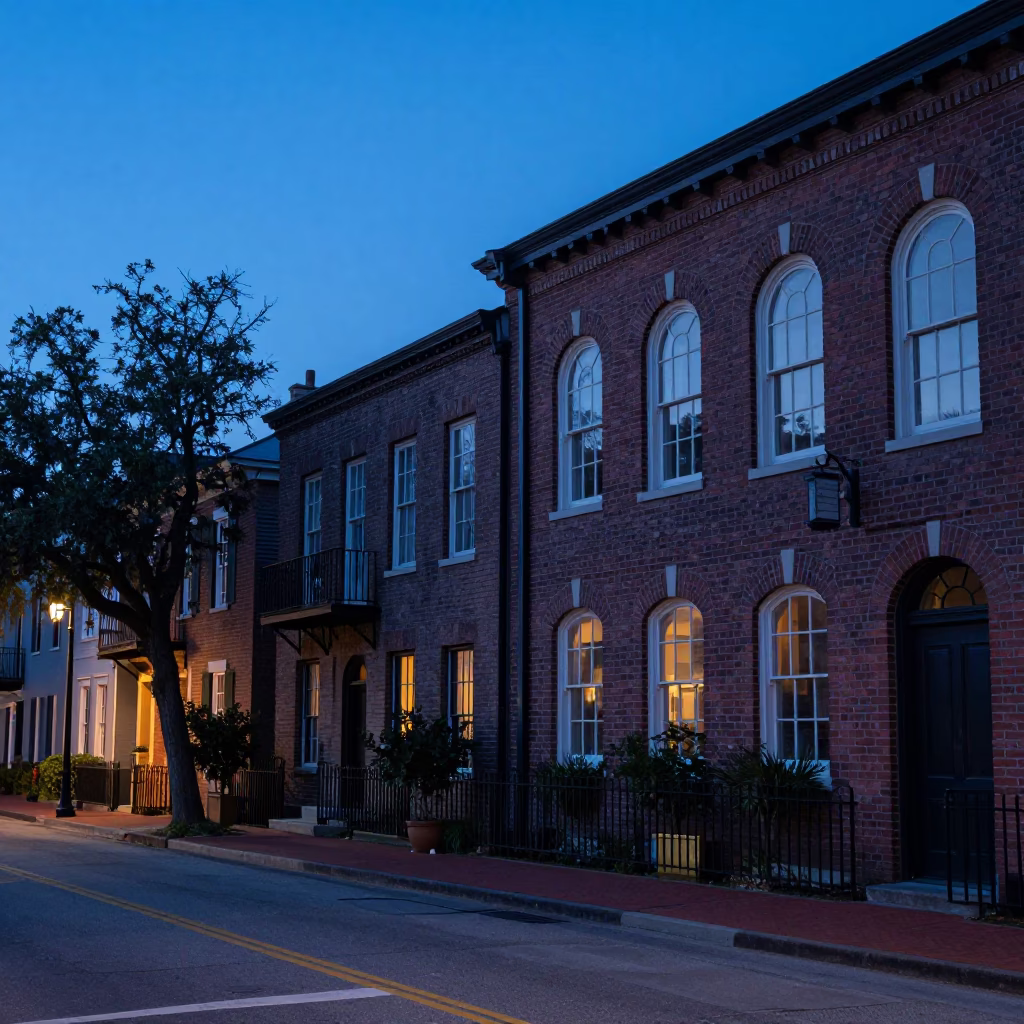 Pre-dawn Charleston street scene with historic architecture and quiet coastal ambiance in in Charleston, South Carolina, United States