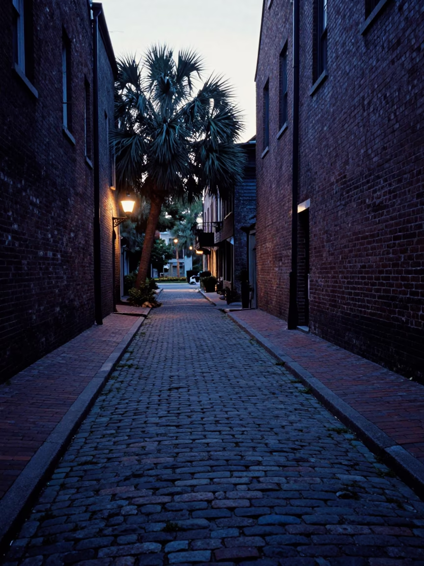 Pre-dawn Charleston Street Scene with Historic Brick Alleyway and Door Mat Before Dawn in in Charleston, South Carolina, United States