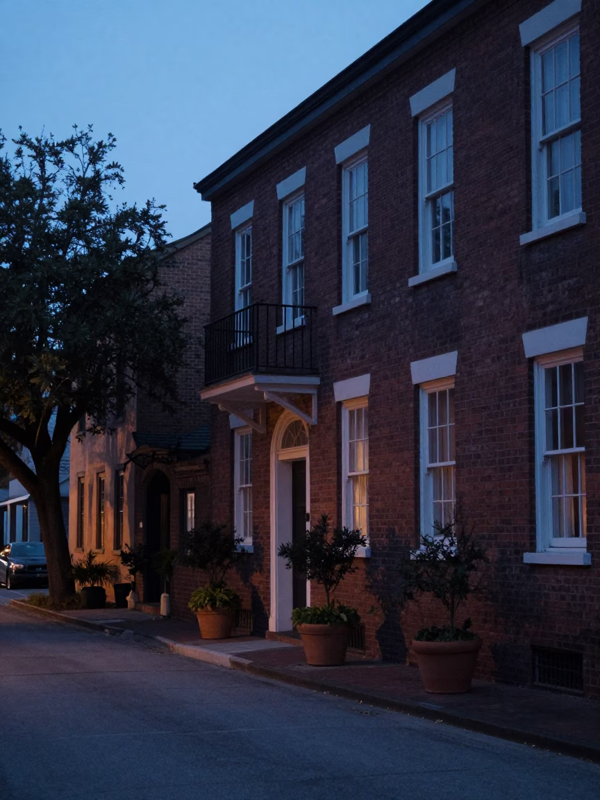 Pre-Dawn Charleston Street Scene with Historic Brick and Potted Herbs in in Charleston, South Carolina, United States
