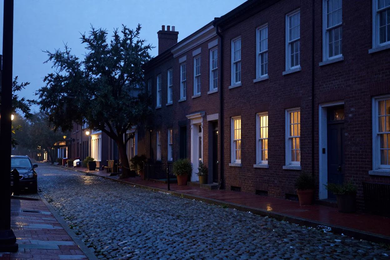 Pre-dawn Charleston street scene with historic brick architecture and quiet early morning ambiance in in Charleston, South Carolina, United States