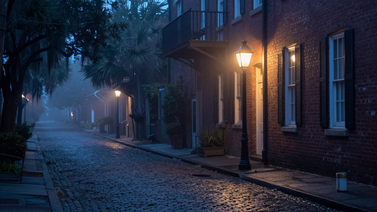 Pre-dawn Charleston Street Scene with Lantern Glow and Brick Architecture in in Charleston, South Carolina, United States