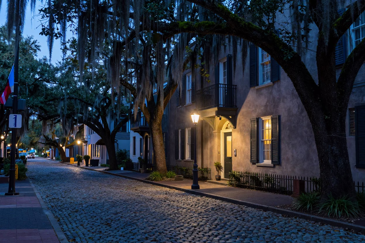 Pre-Dawn Charleston Street Scene with Mossy Oak and Local Market Produce in in Charleston, South Carolina, United States