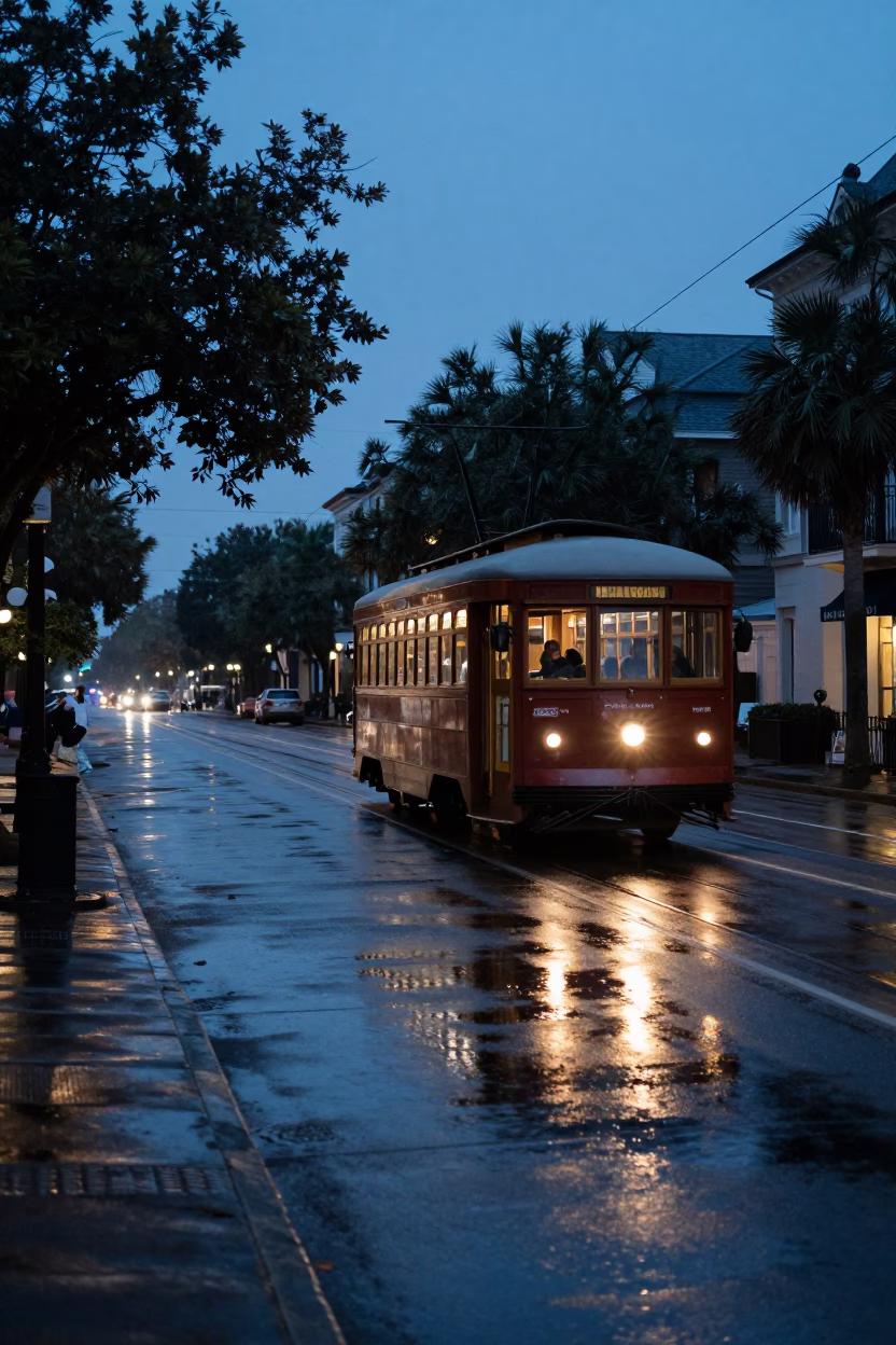 Pre-Dawn Charleston Street Scene with Tramcar Reflection on Wet Cobblestones in in Charleston, South Carolina, United States
