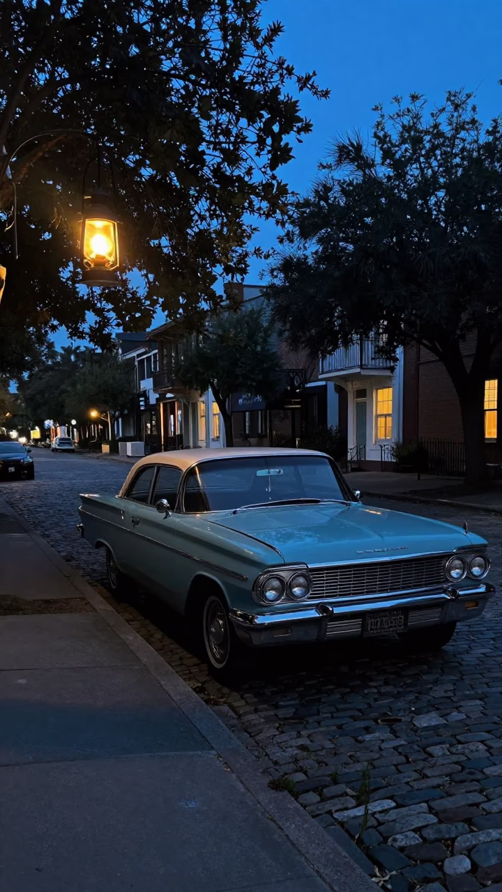 Pre-dawn Charleston Street Scene with Vintage 1960s Car and Lantern Light in in Charleston, South Carolina, United States